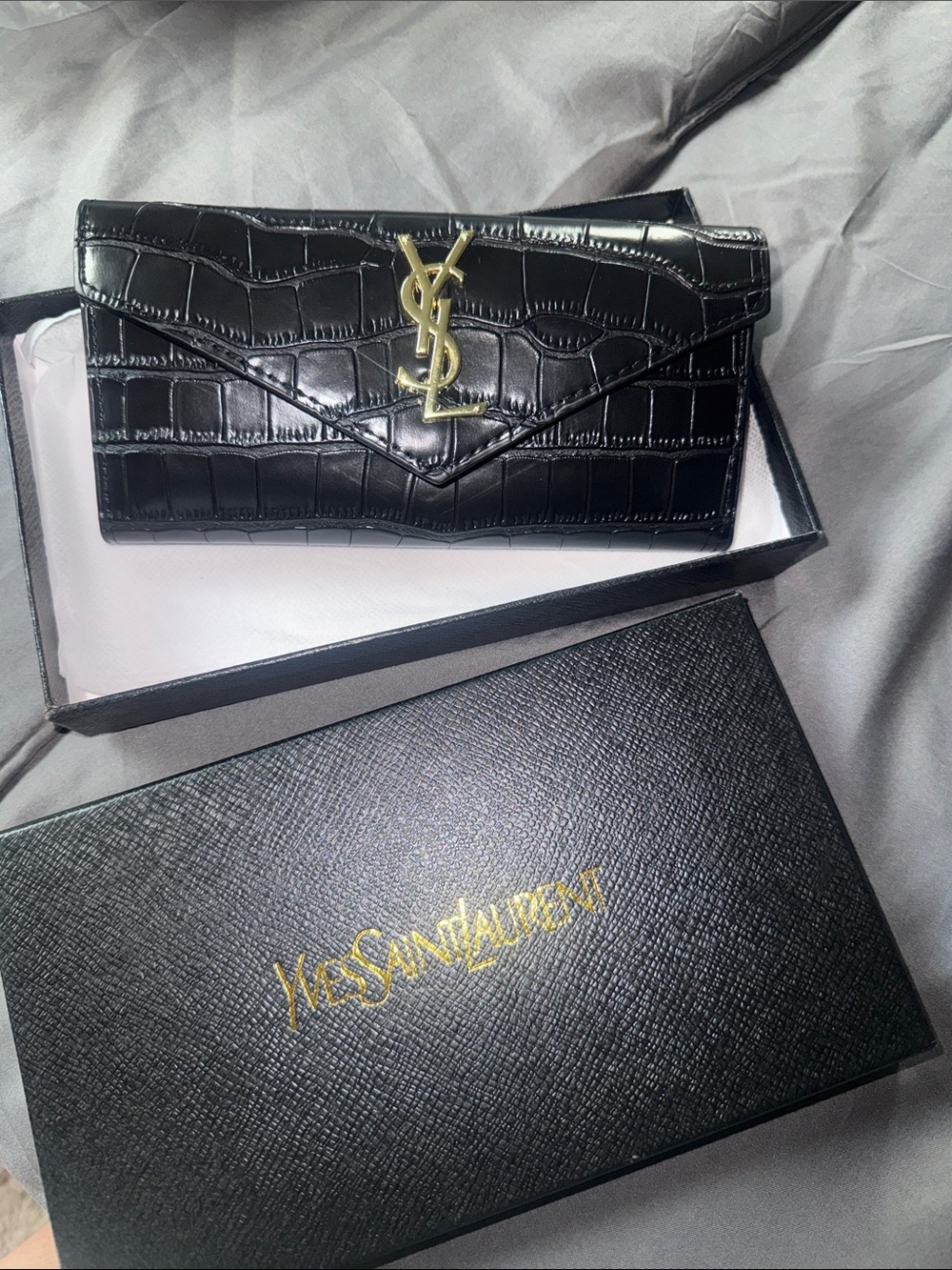 Yves Saint Laurent Black Croc-Embossed Leather Card Holder with Gold YSL Logo